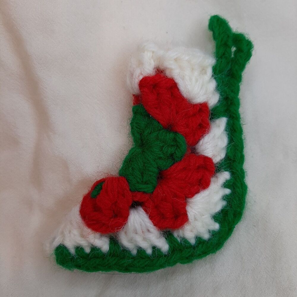 Vtg Miniature 3" Handmade Knit Crochet Christmas Stocking Granny Square green